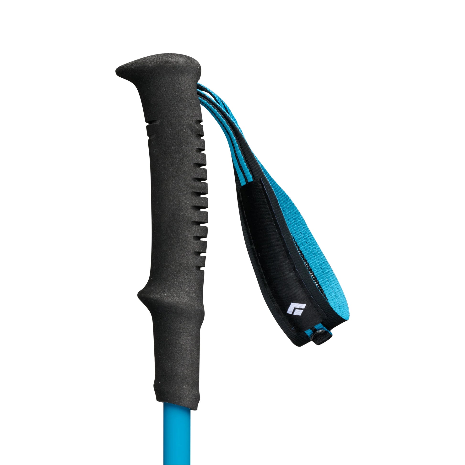 Black and blue ski pole handle on a white background