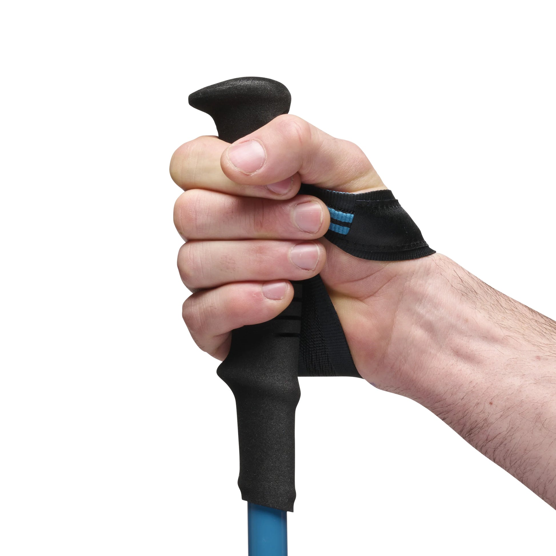 Hand holding a blue and black golf club with a close-up of the grip.
