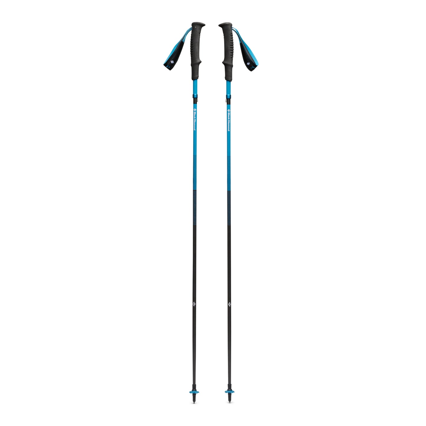 Two blue ski poles with black grips on a white background