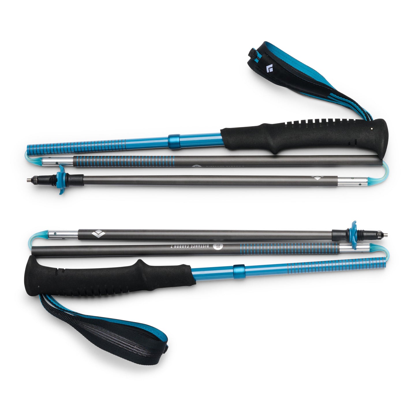 Two blue and black hiking poles on a white background
