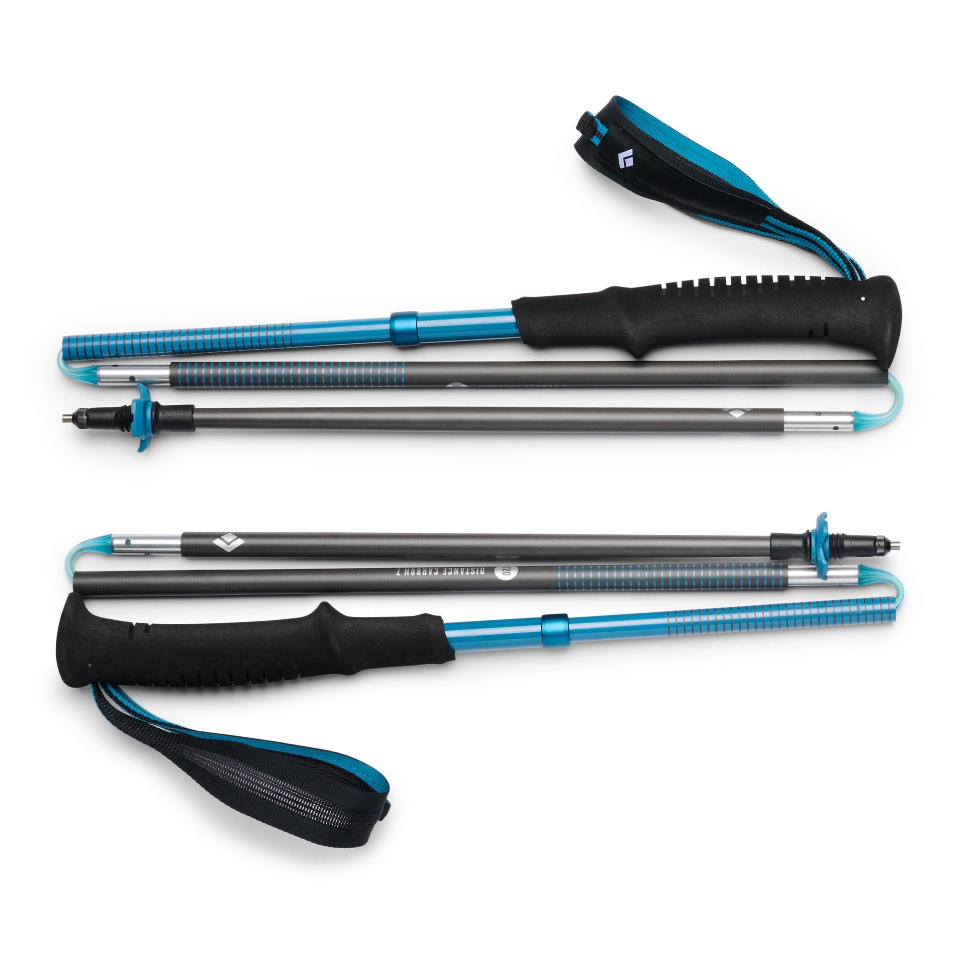 Two blue and black hiking poles on a white background