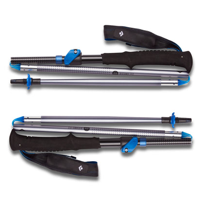 Three adjustable hiking poles with black and blue accents on a white background