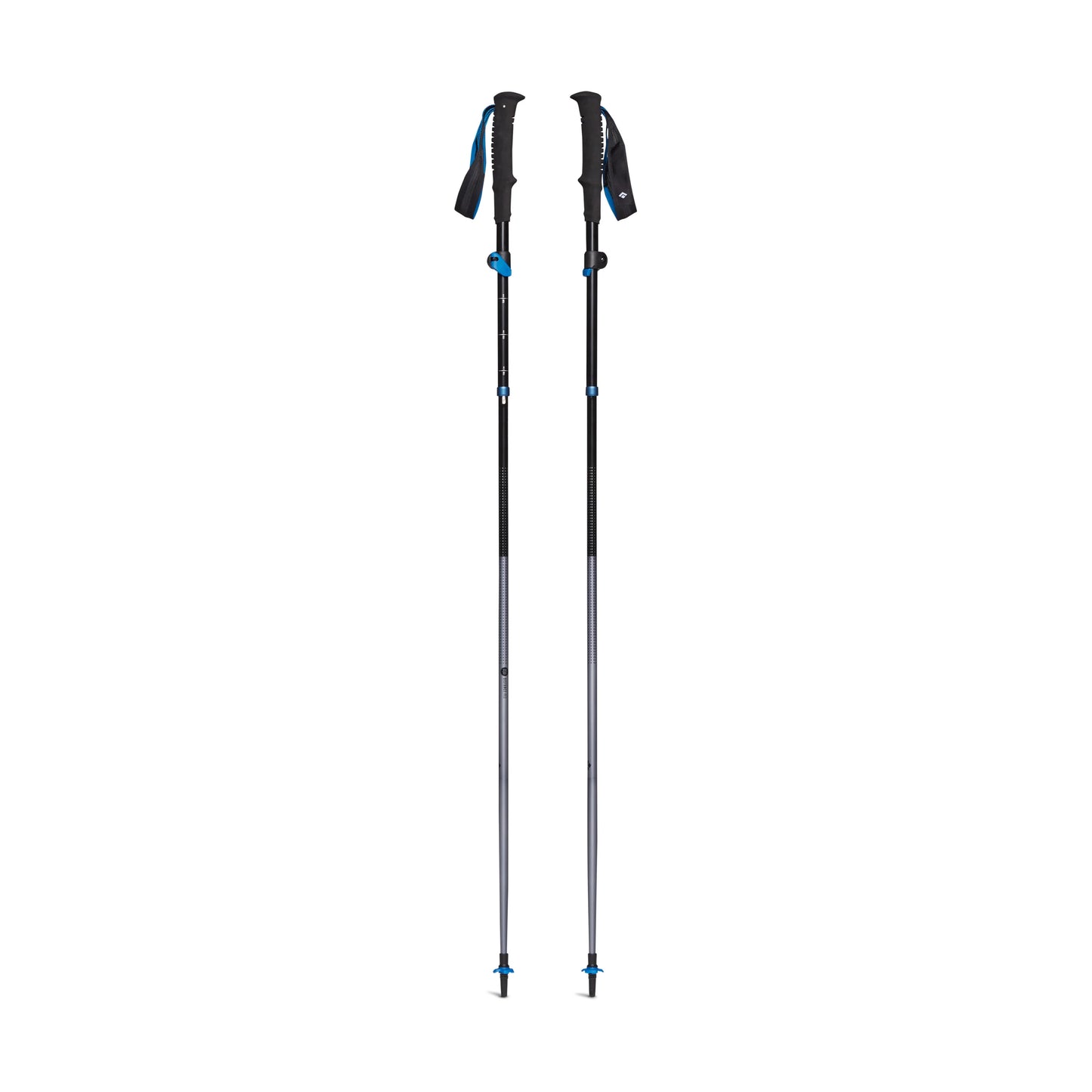 Two black and blue hiking poles on a white background