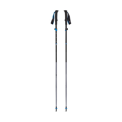 Two black and blue hiking poles on a white background