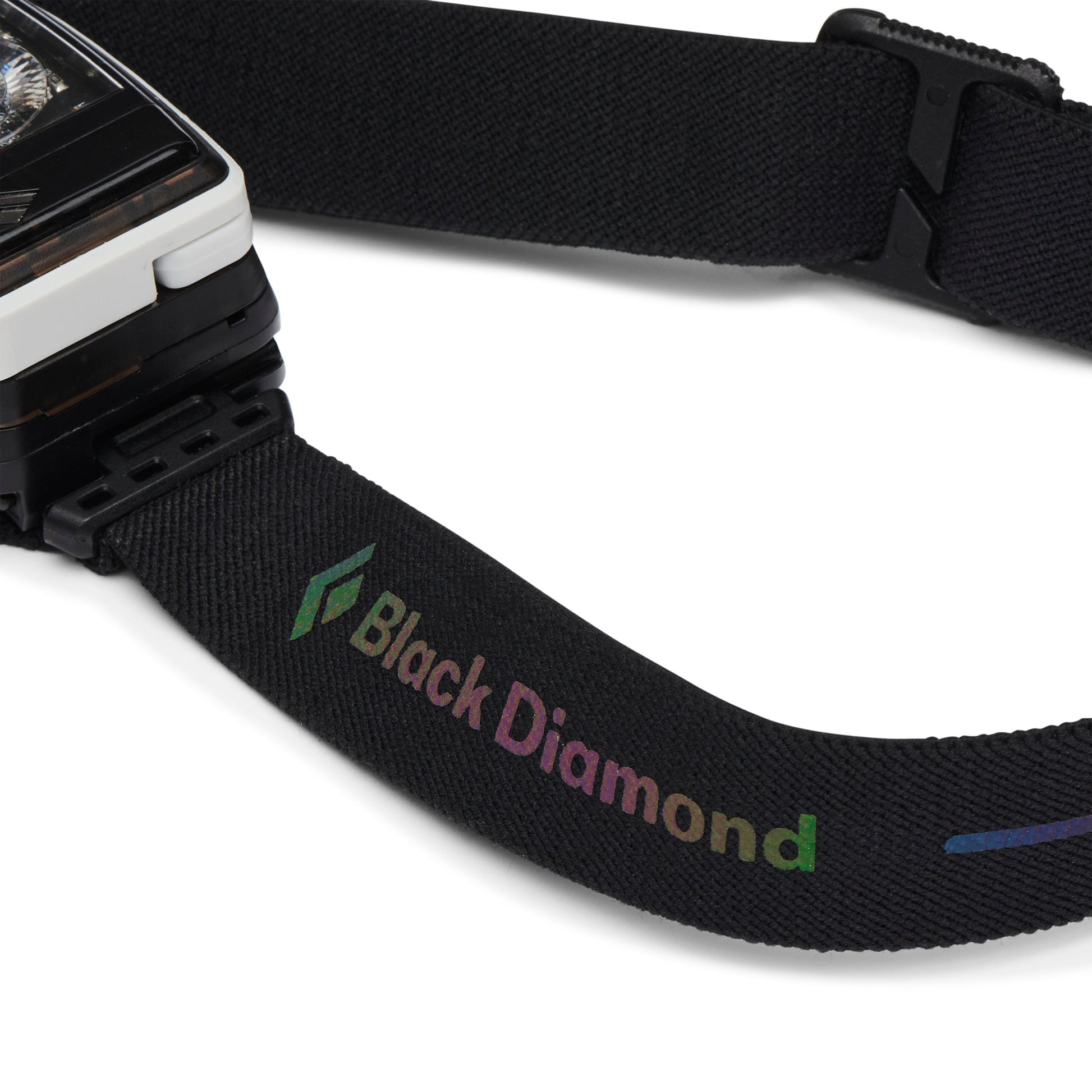 Black diamond logo on headlamp band with white background
