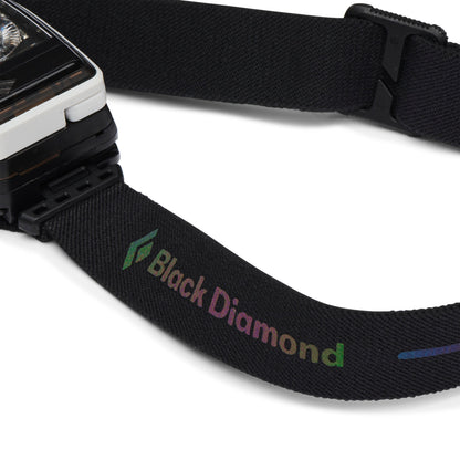 Black diamond logo on headlamp band with white background