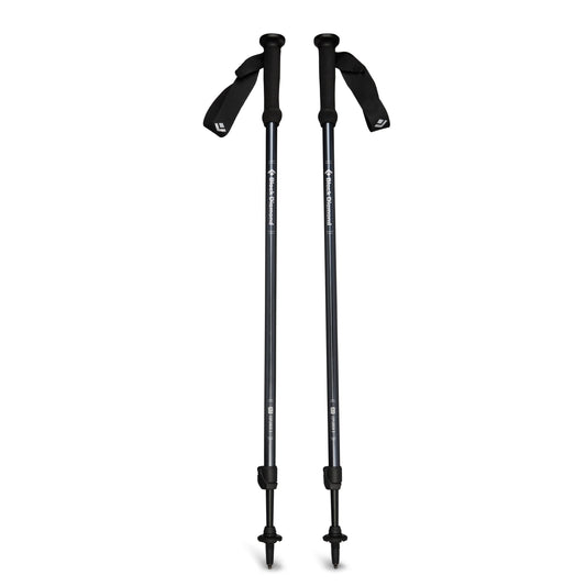 Two black hiking poles on a white background