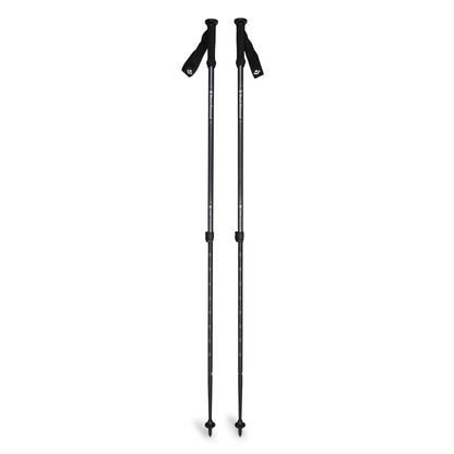 Two black hiking poles on a white background