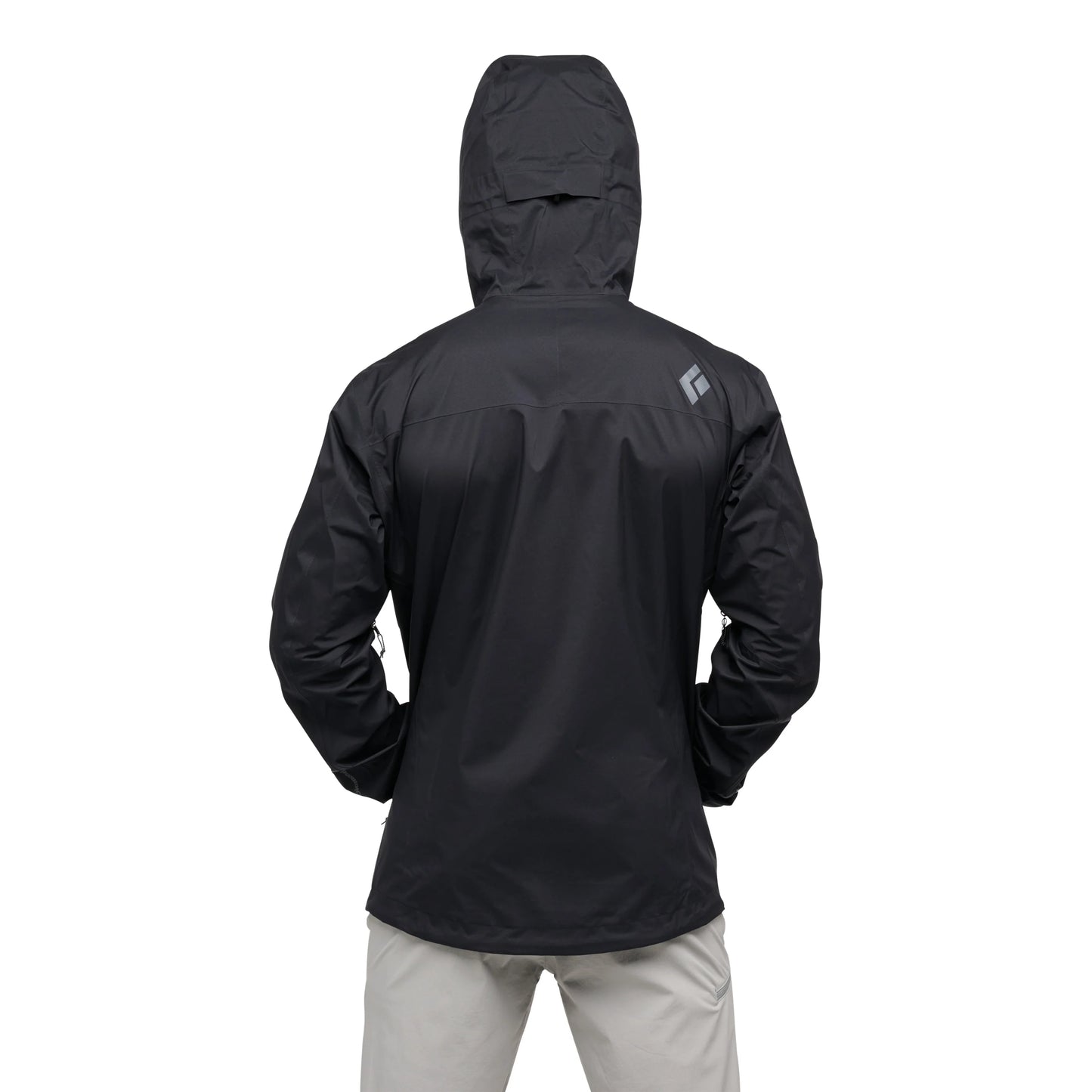 Black rain jacket with a hood on a white background