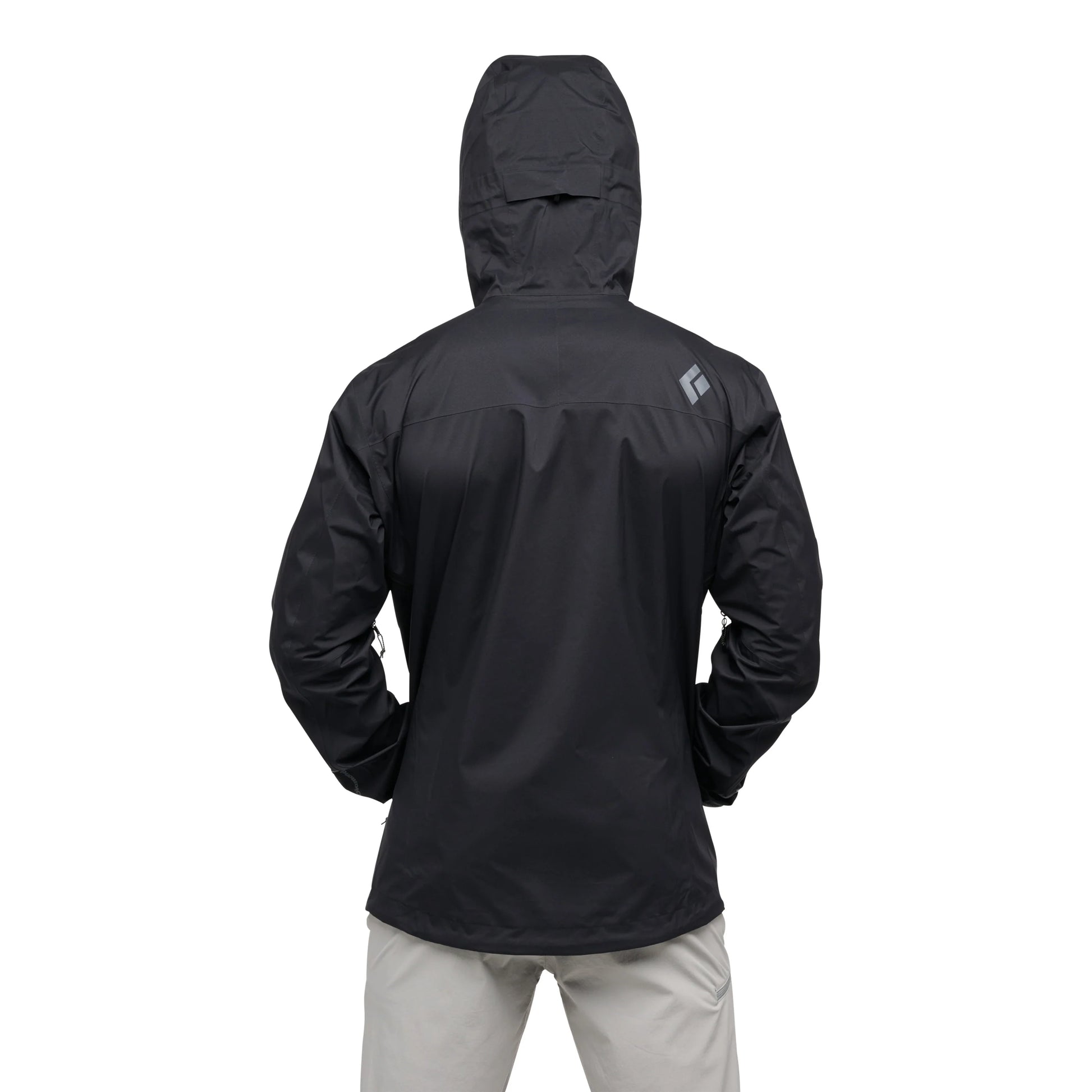 Black rain jacket with a hood on a white background