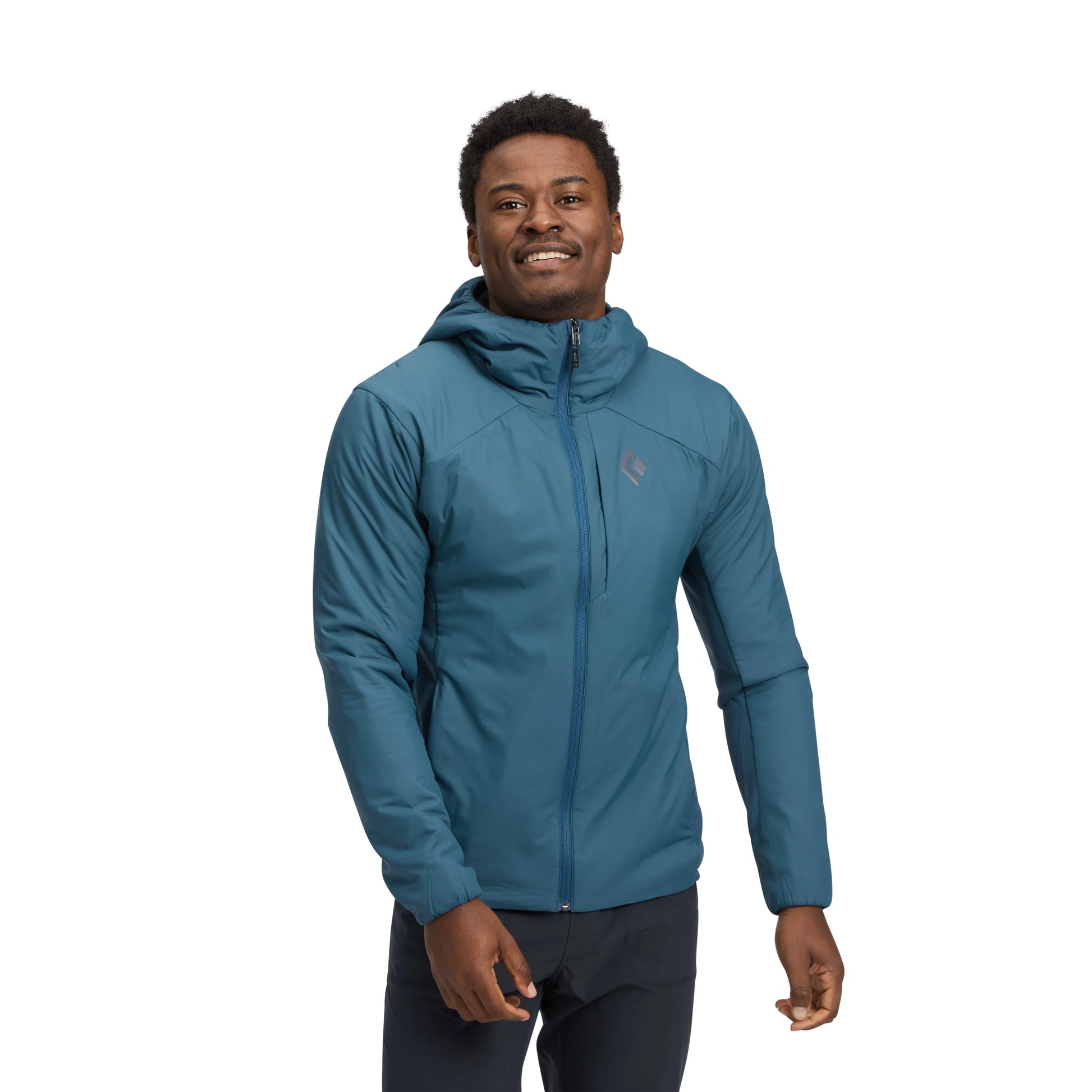 Man wearing a blue jacket on a white background