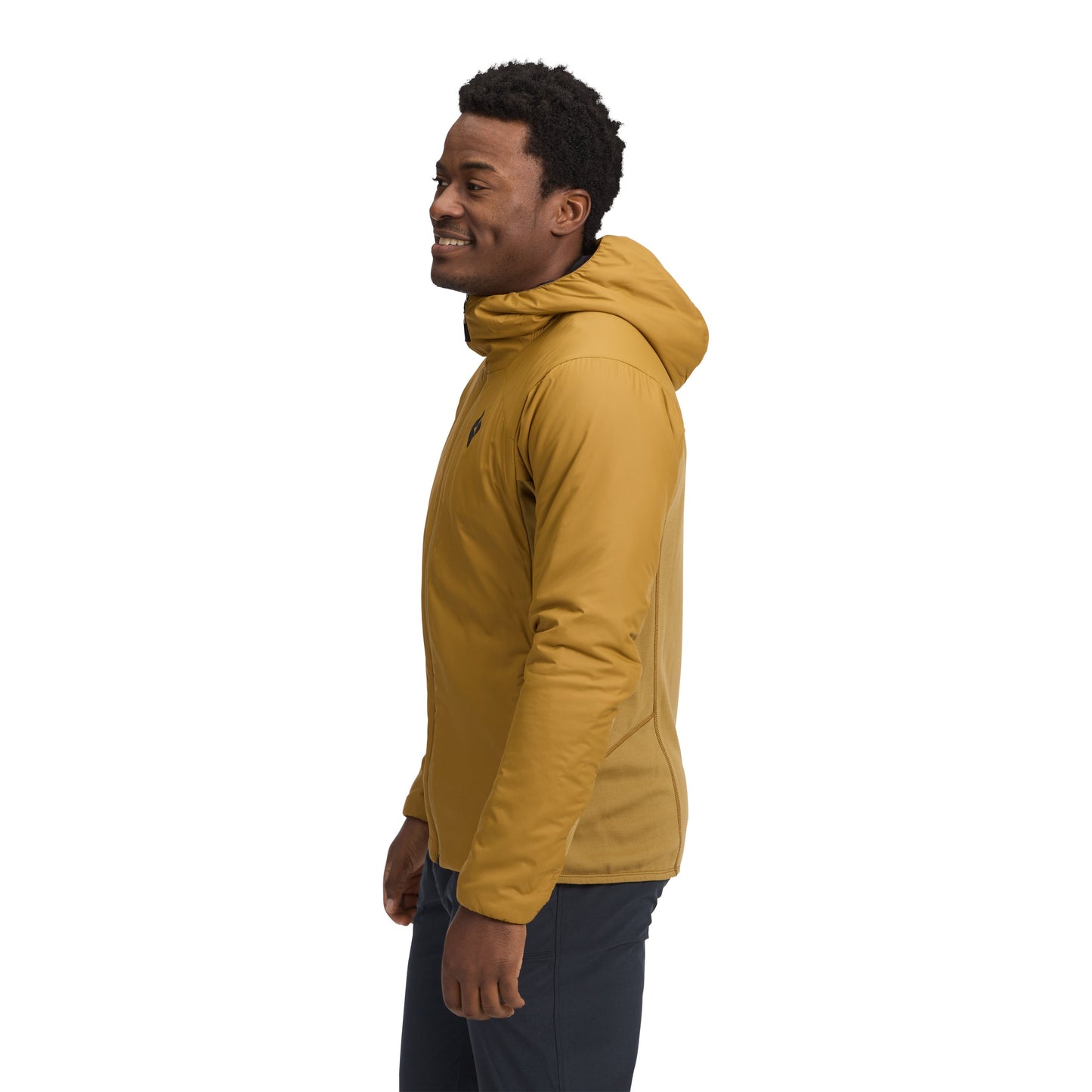 Man wearing a mustard yellow hoodie on a white background