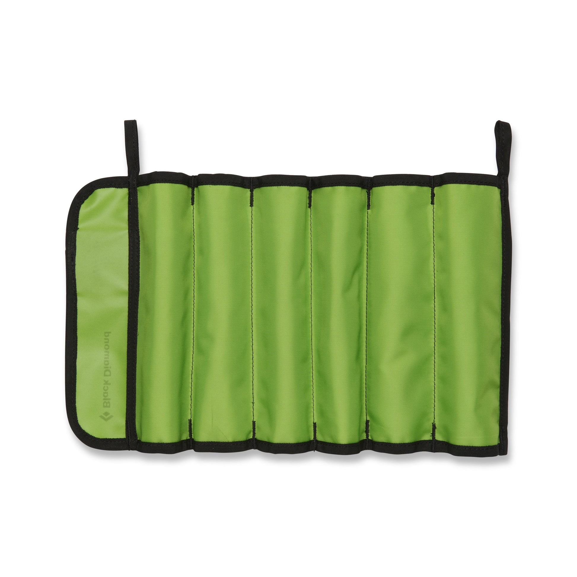 Green roll-up tool case with black trim on a white background