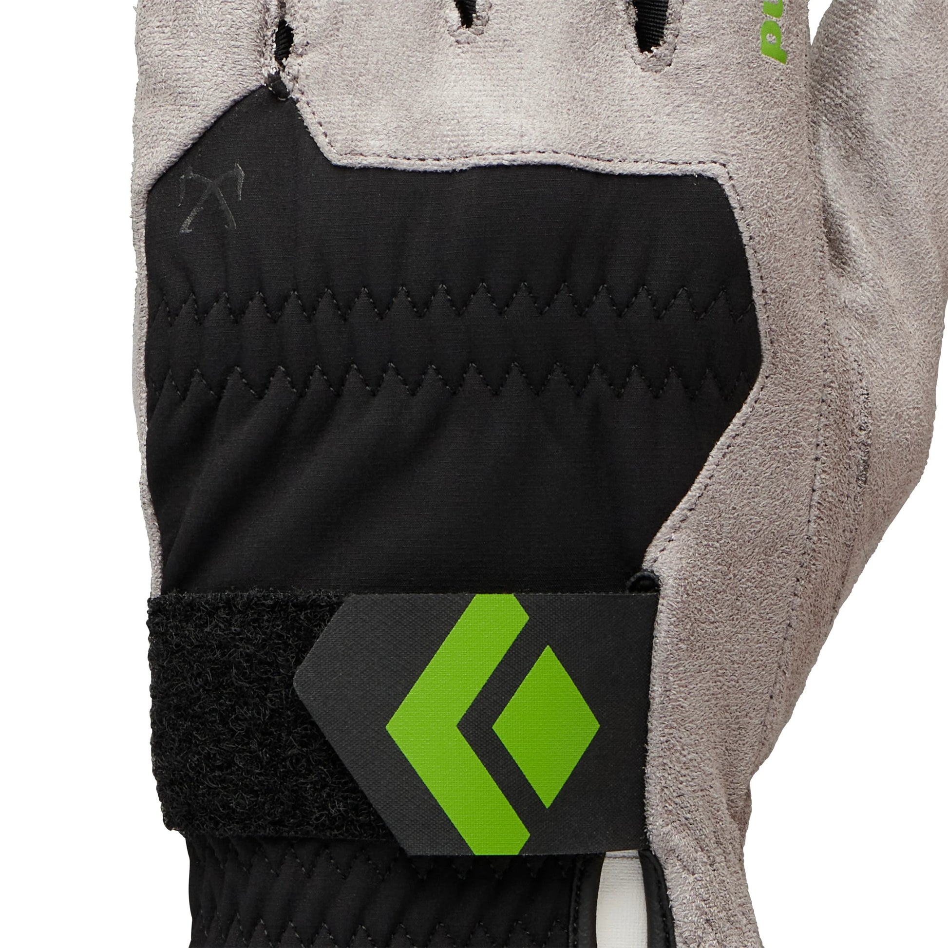 Close-up of a glove with a black and gray design and a green logo on a white background