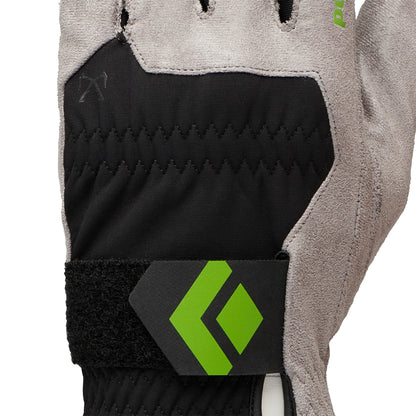 Close-up of a glove with a black and gray design and a green logo on a white background