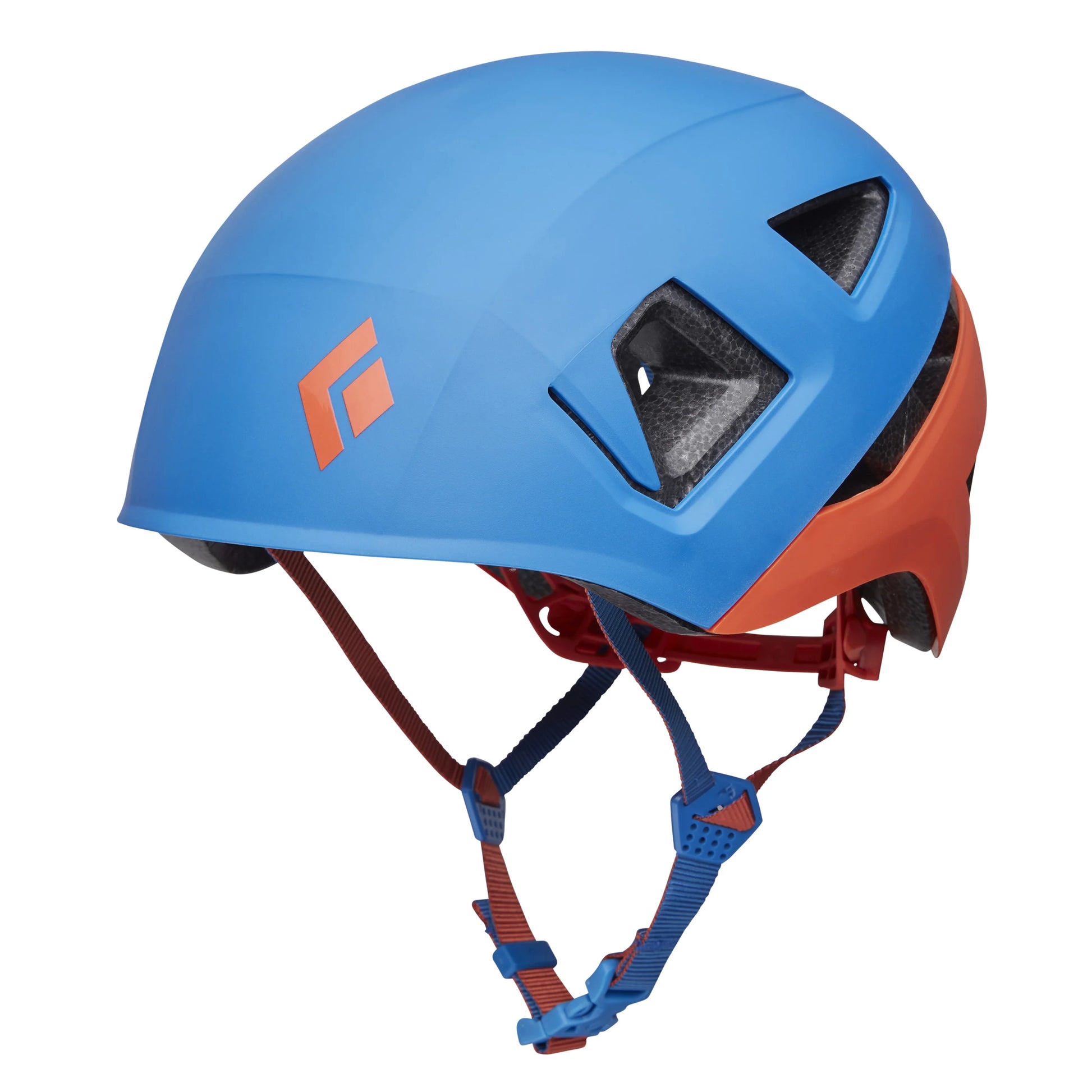 Blue and red helmet with a brand logo on a white background