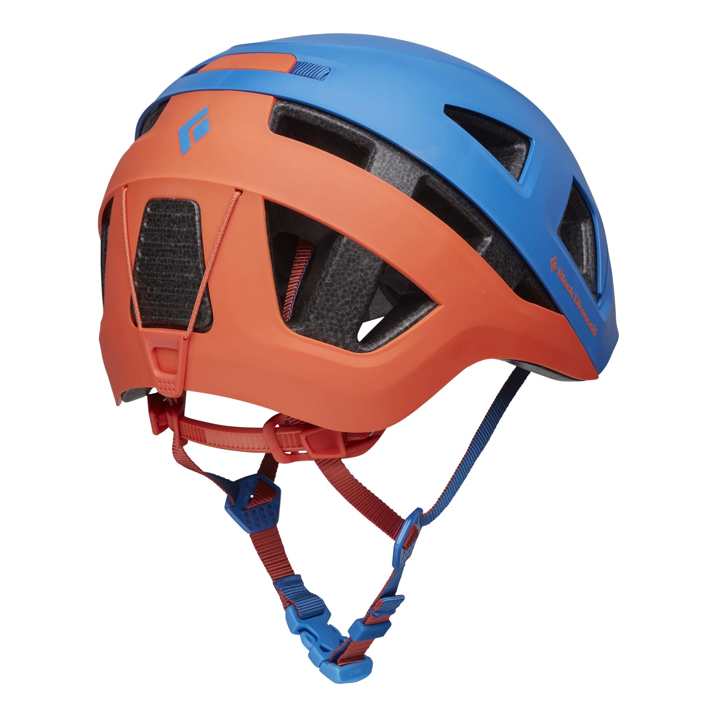 Orange and blue helmet with visible brand logo on a white background