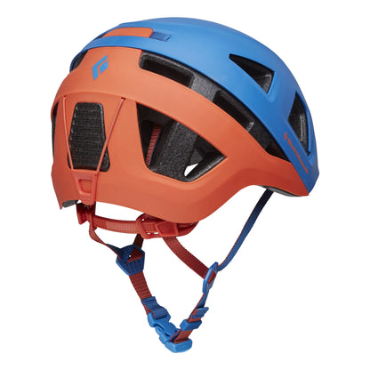 Orange and blue helmet with visible brand logo on a white background