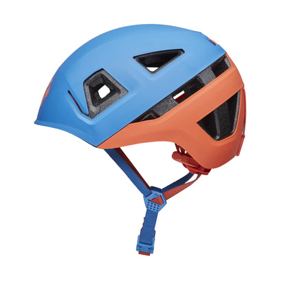 Blue and orange helmet with a white background