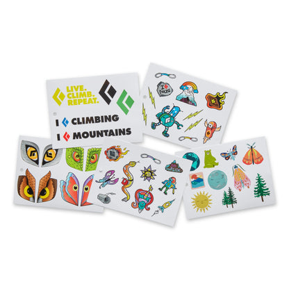 Four sheets of colorful stickers with various designs on a white background