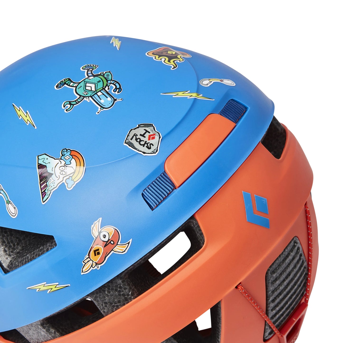 Blue and orange helmet with various stickers on a white background