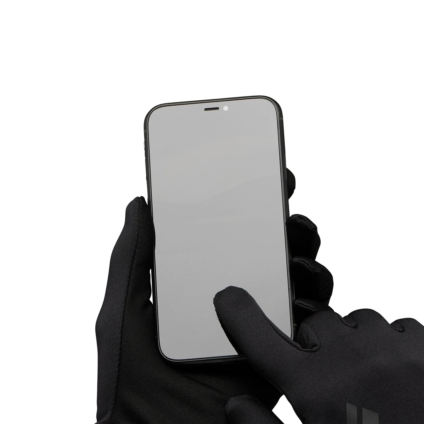 Hand wearing a black glove holding a smartphone with a white background