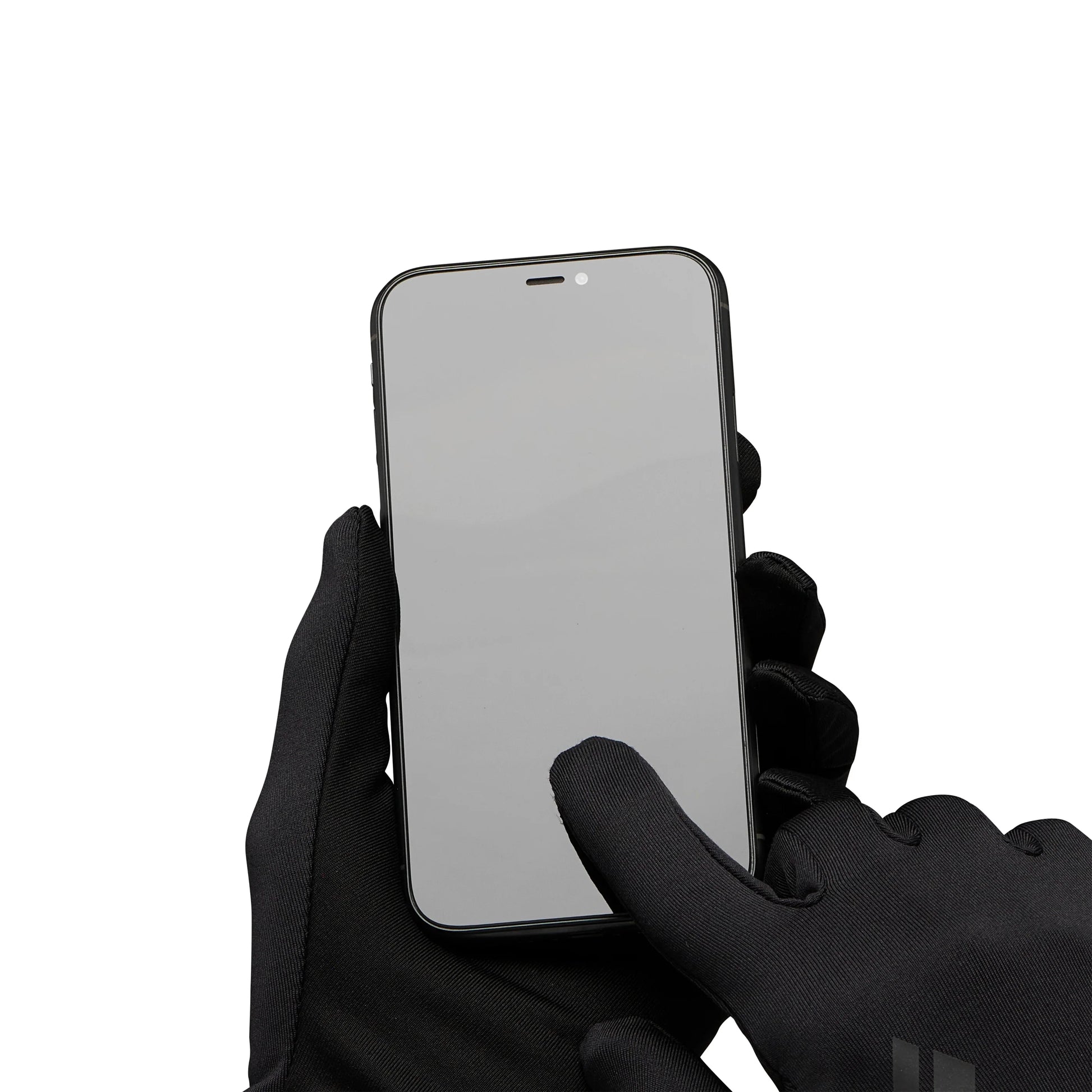 Hand wearing a black glove holding a smartphone with a white background