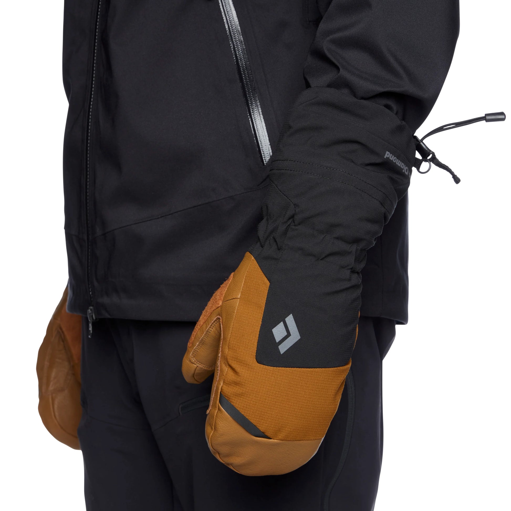 Person wearing a black jacket and brown gloves with a brand logo on a white background