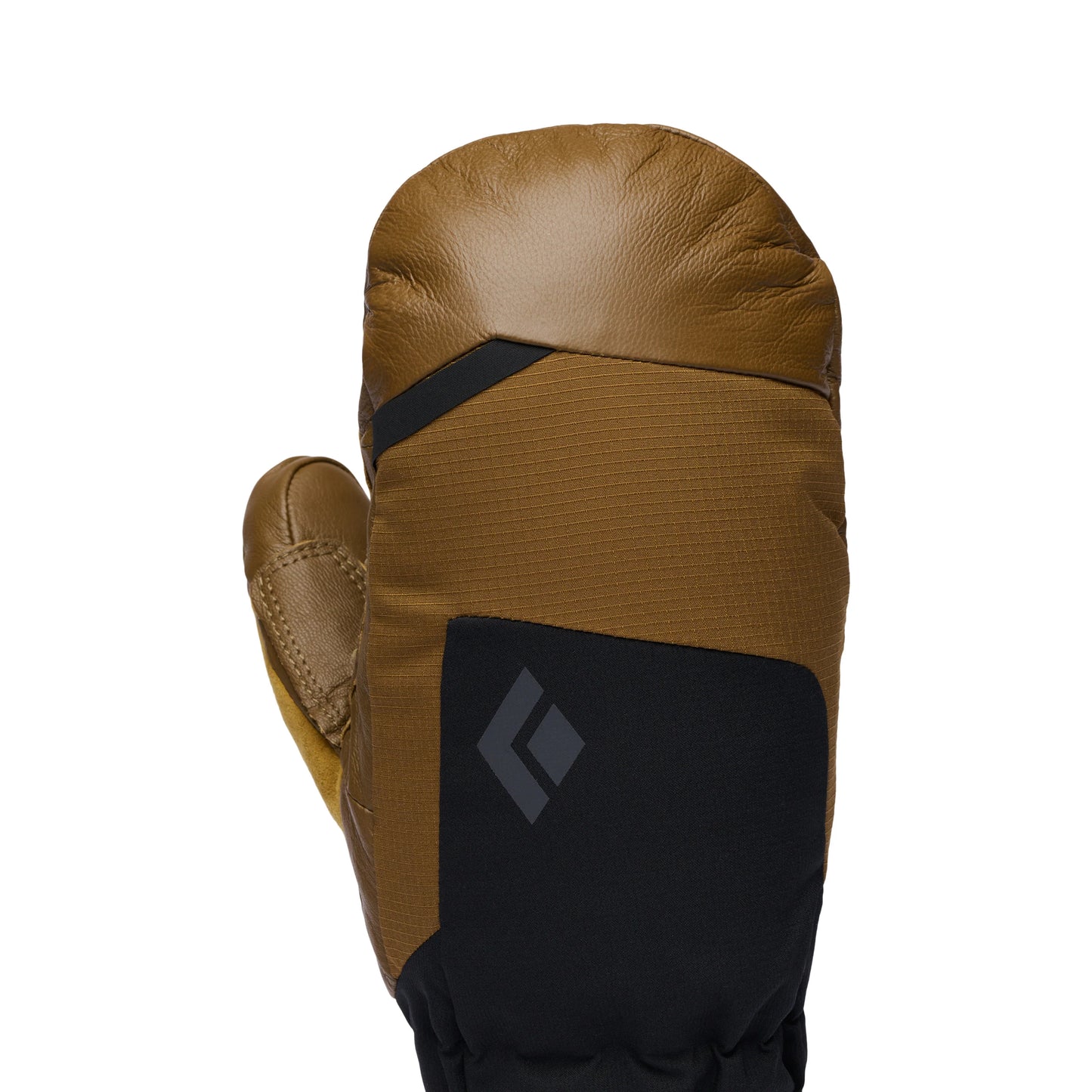 Brown and black glove with a brand logo on a white background