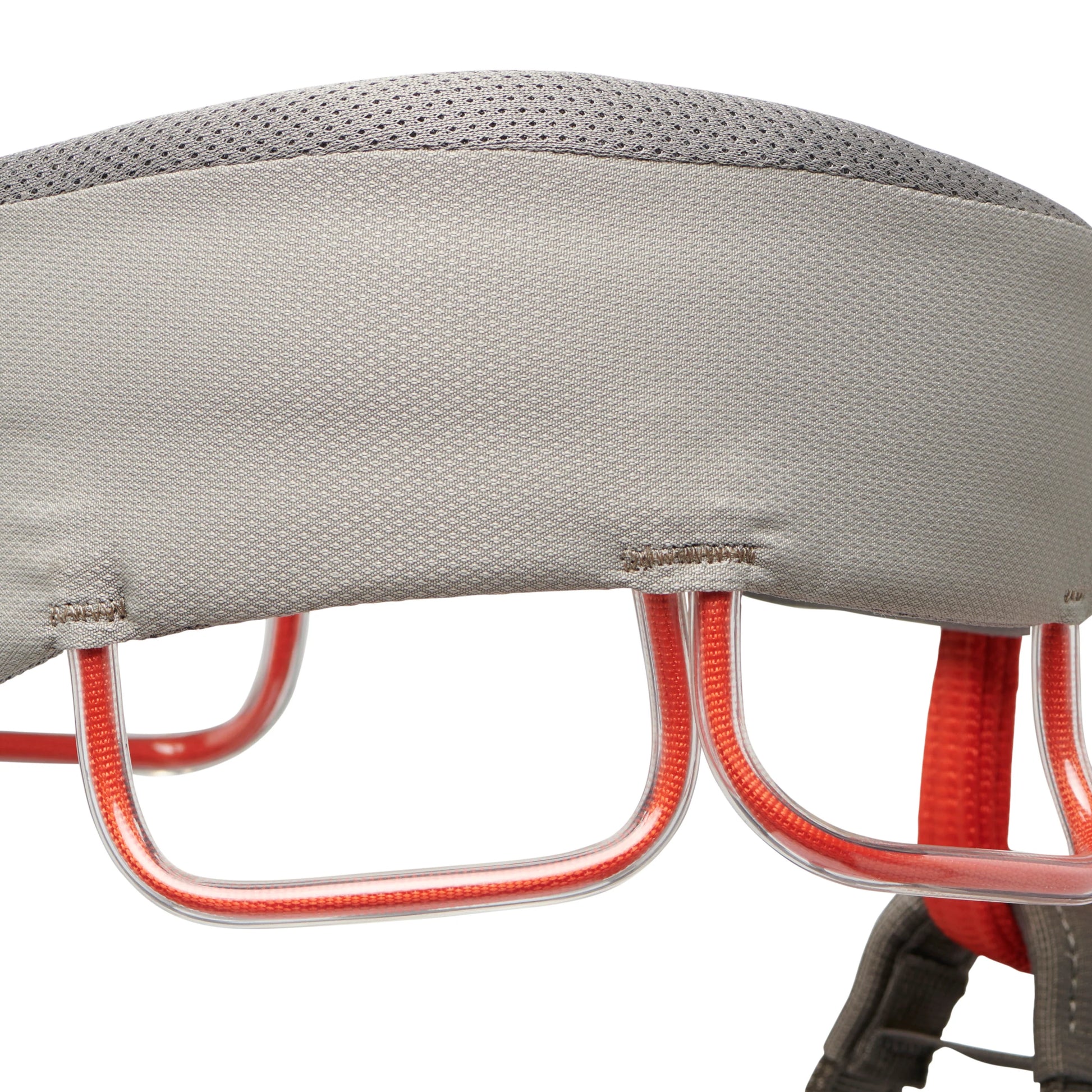 Close-up of a gray backpack with red straps on a white background