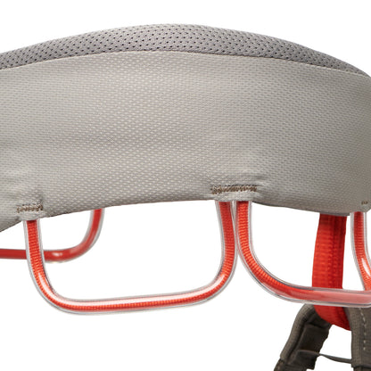 Close-up of a gray backpack with red straps on a white background