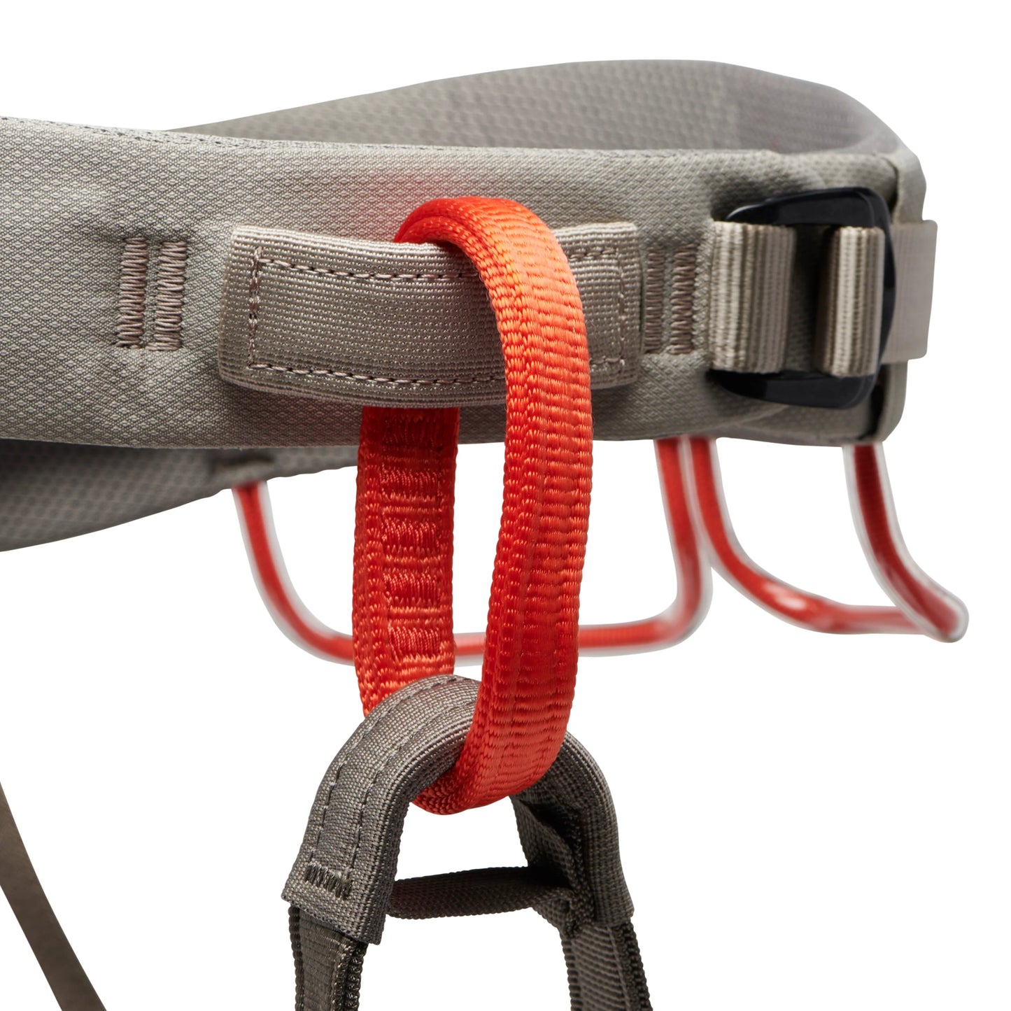 Close-up of a gray harness with red straps on a white background