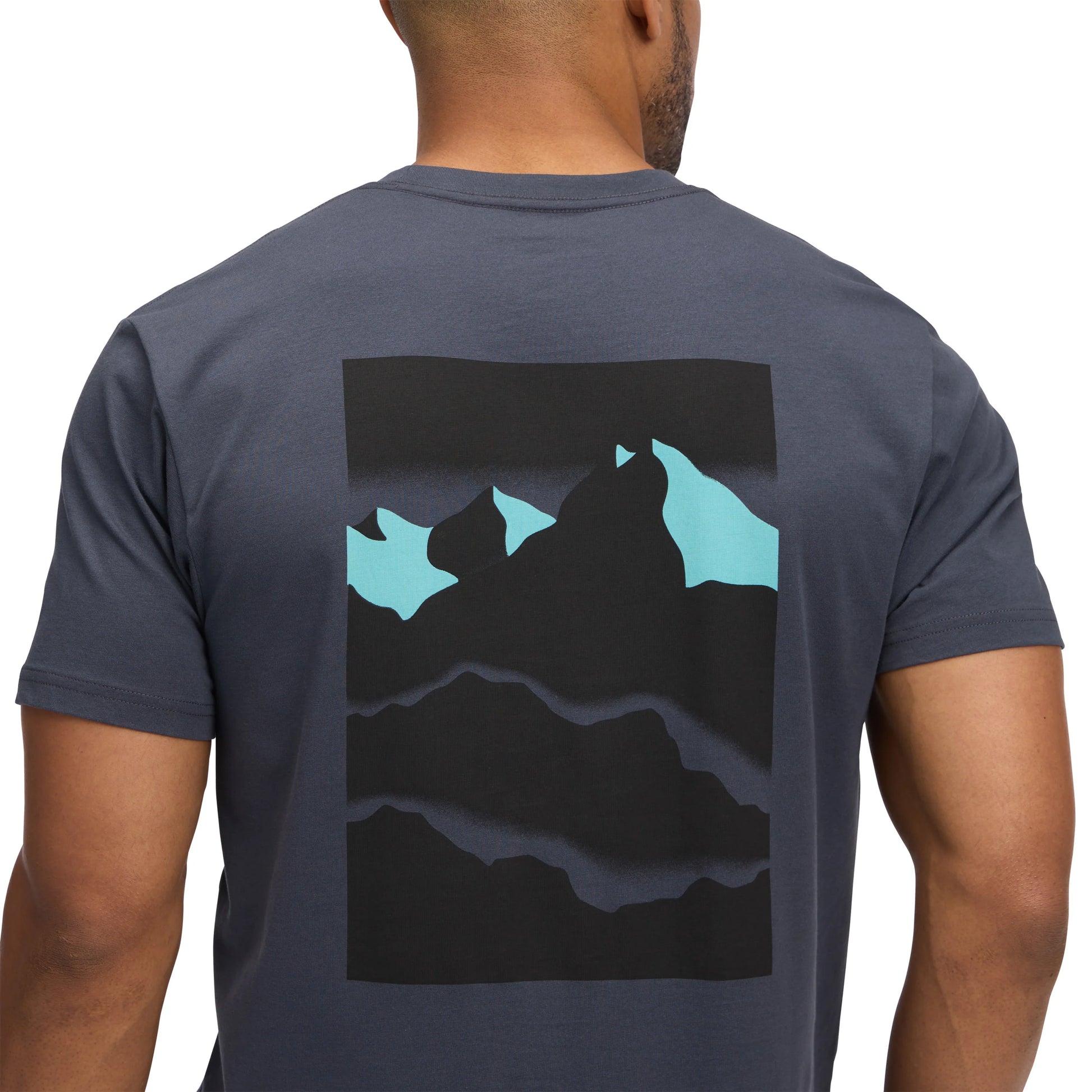 Person wearing a dark gray t-shirt with a graphic design on the back, featuring blue shapes against a black background.