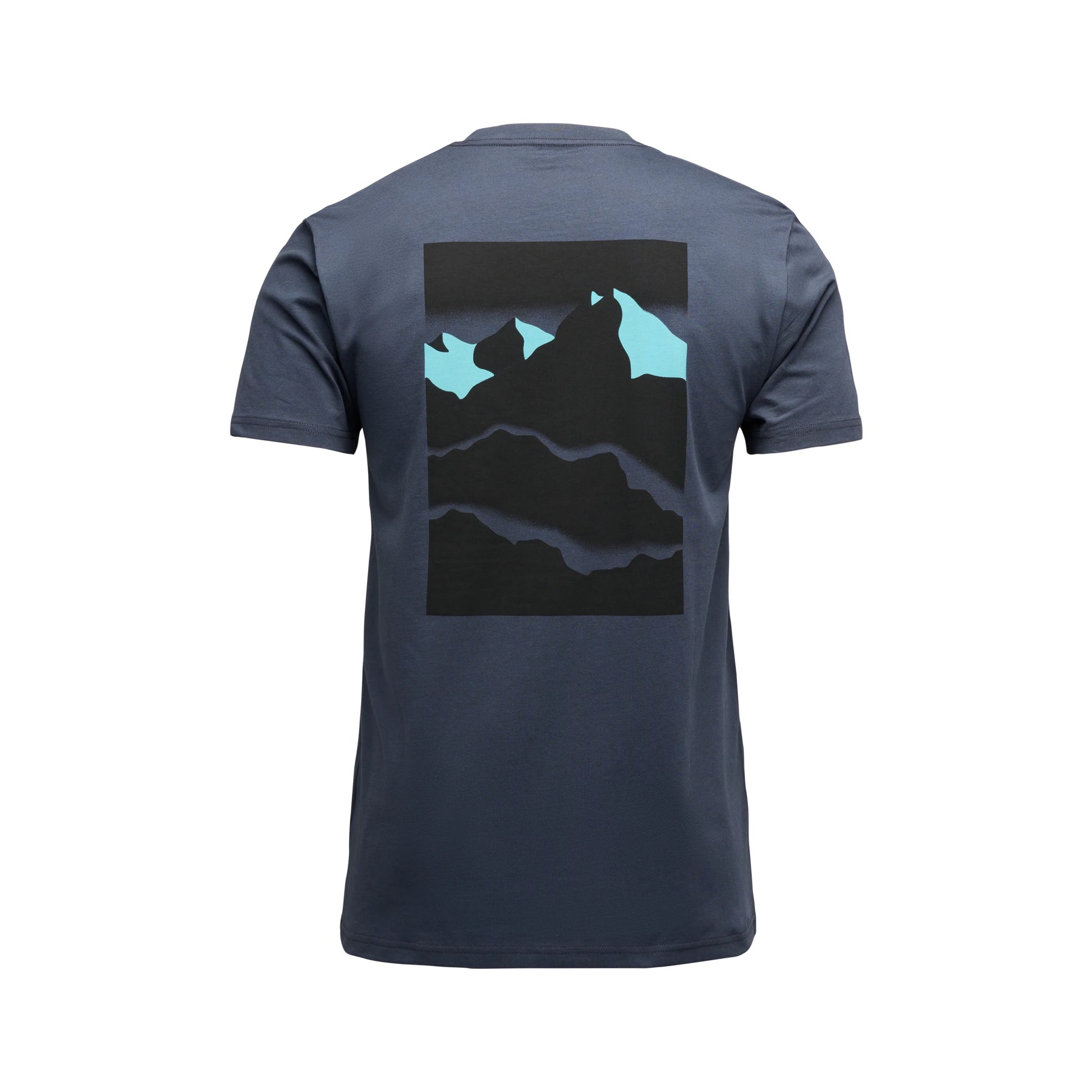 Navy blue t-shirt with a mountain graphic on the back against a white background