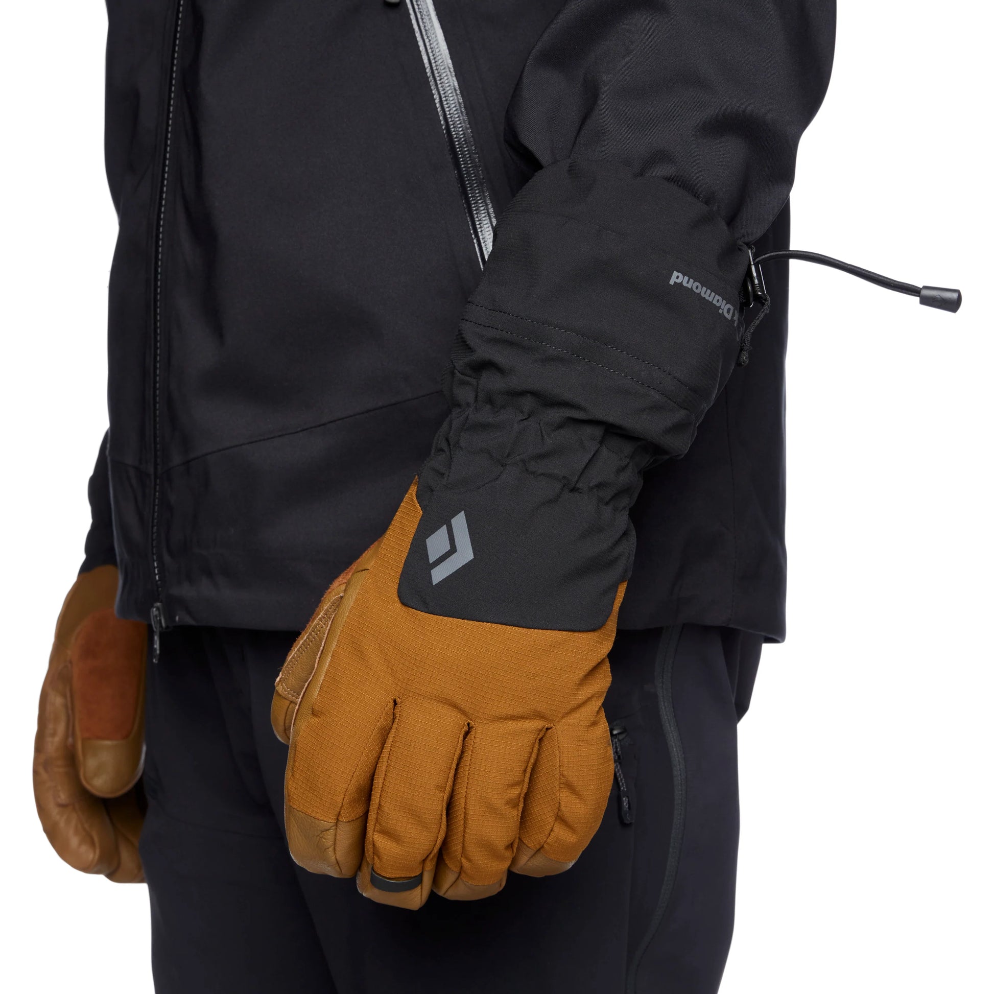 model wearing dark curry gloves on a white background