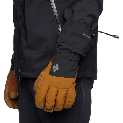 model wearing dark curry gloves on a white background