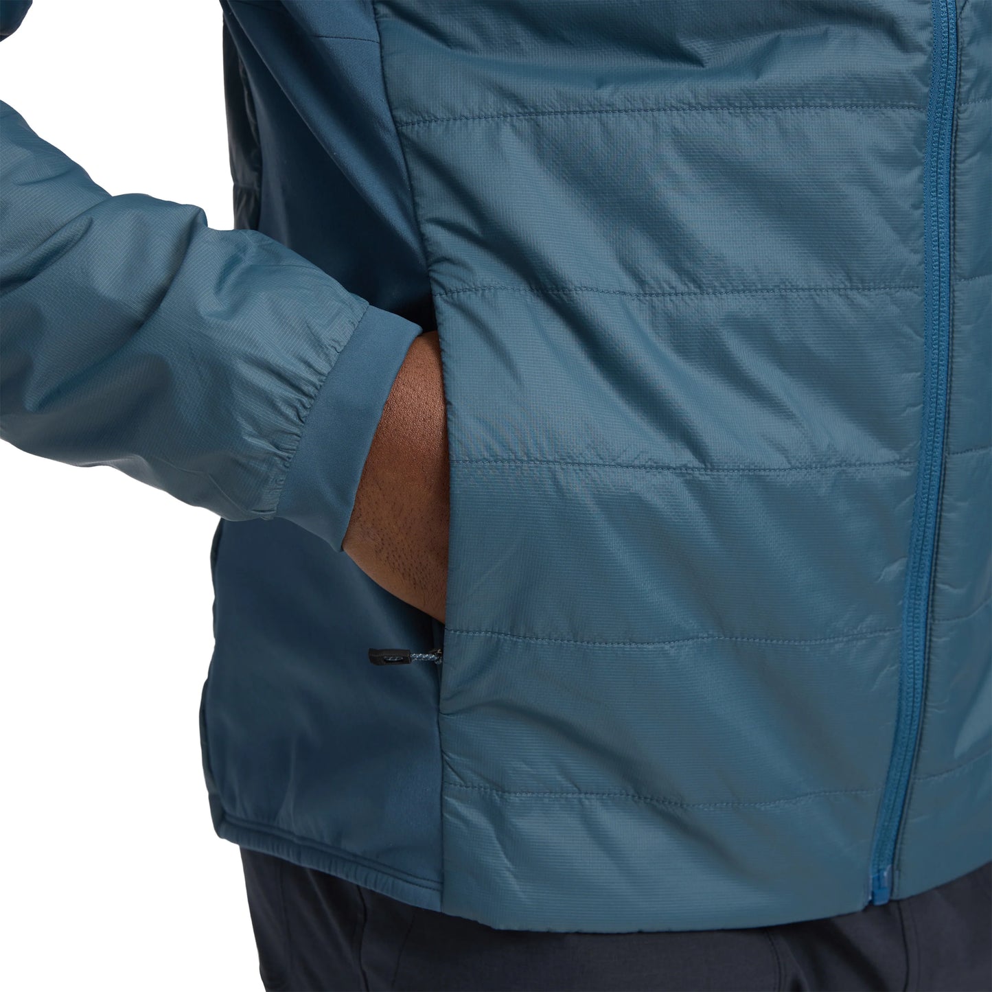 Blue jacket with a focus on the sleeve and chest area