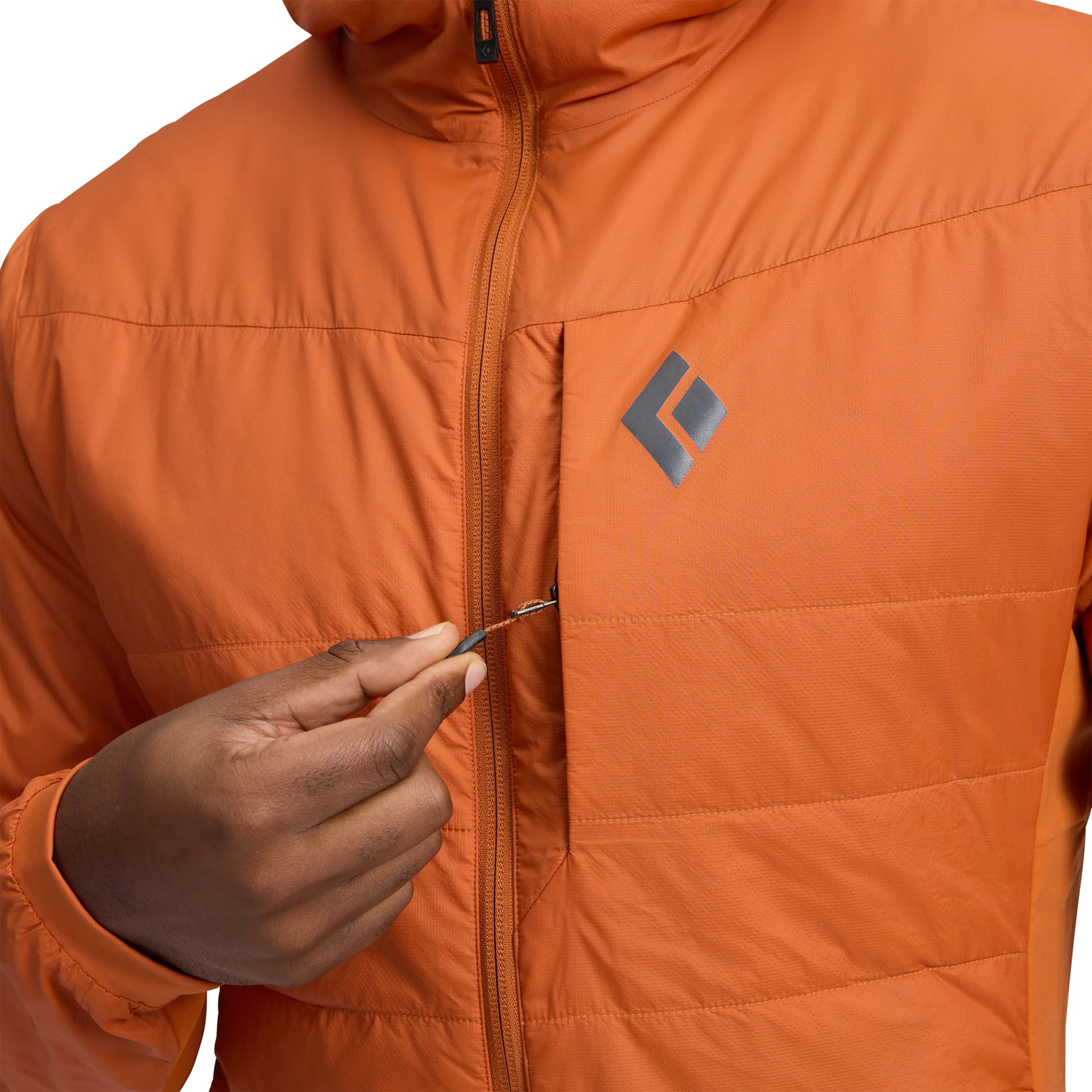 Orange jacket with a brand logo on a white background