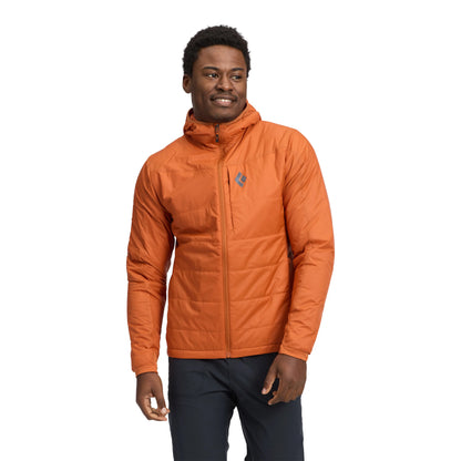 Man wearing an orange jacket on a white background