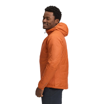 Man wearing an orange jacket on a white background