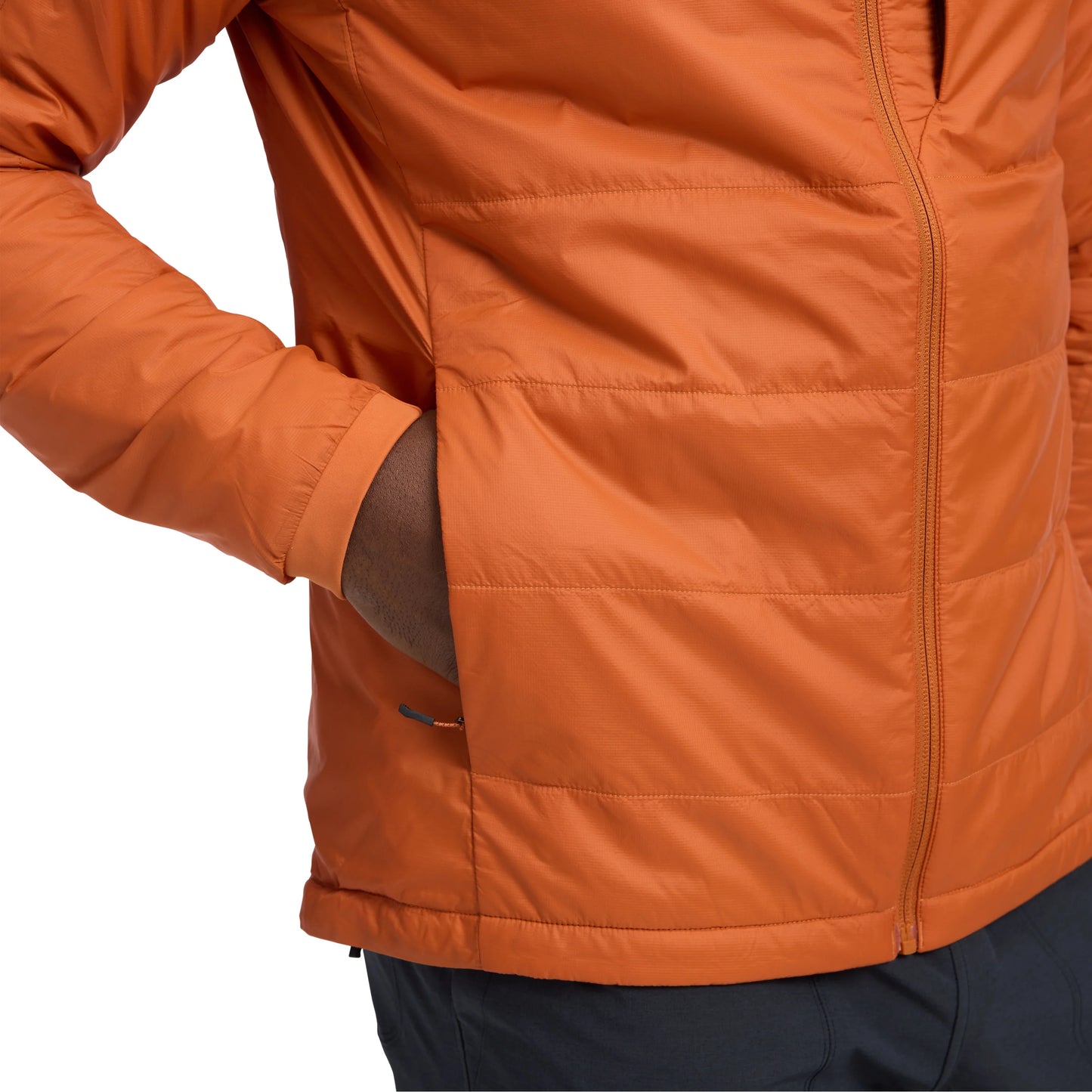 Close-up of an orange jacket with a white background