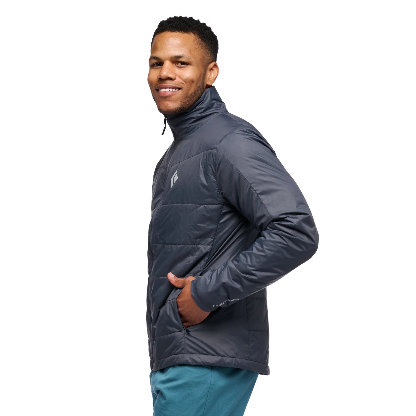 Man wearing a gray jacket on a white background