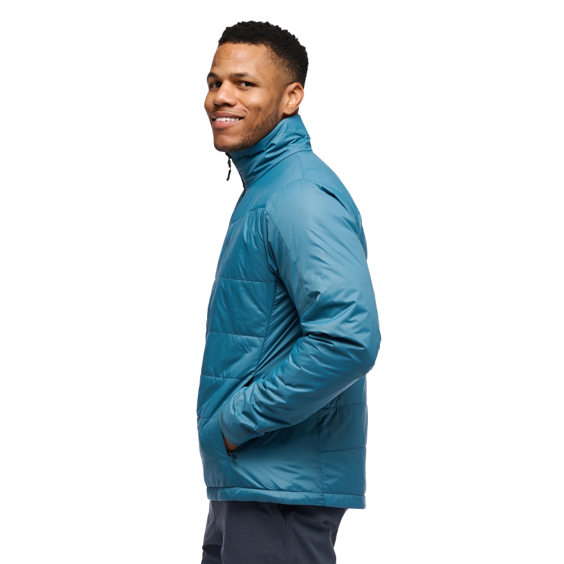 Man wearing a blue jacket on a white background
