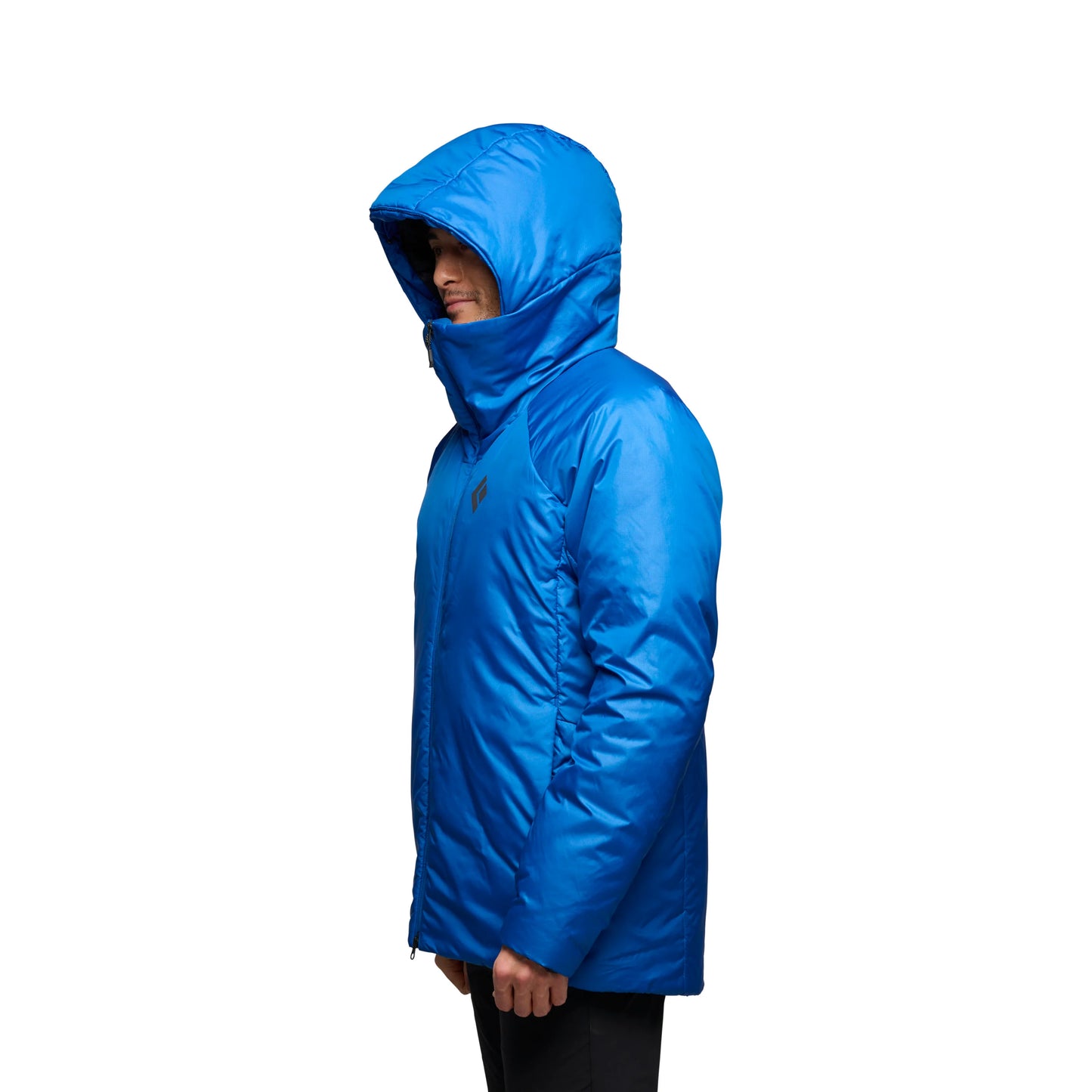 Blue hooded jacket worn by a person on a white background