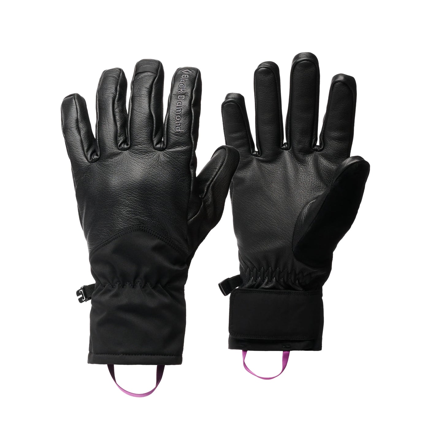 Pair of black gloves with purple accents on a white background