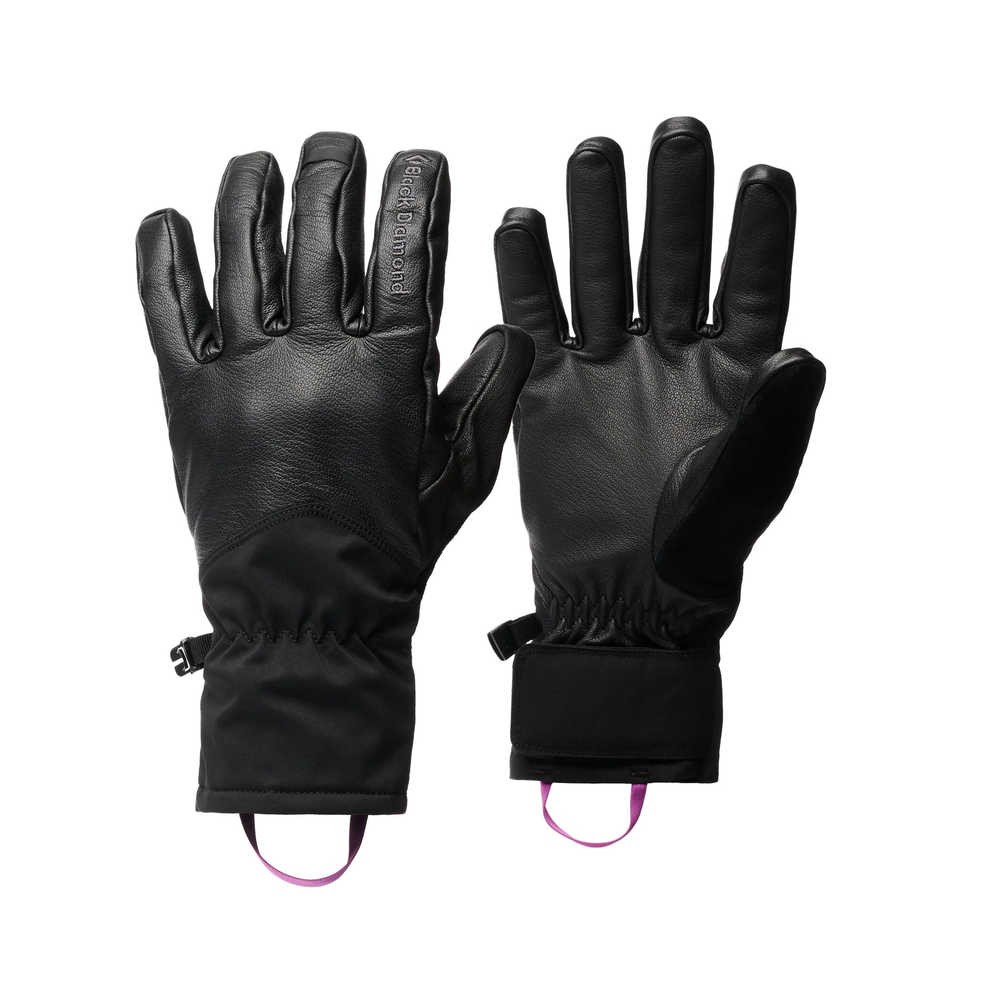 Pair of black gloves with purple accents on a white background