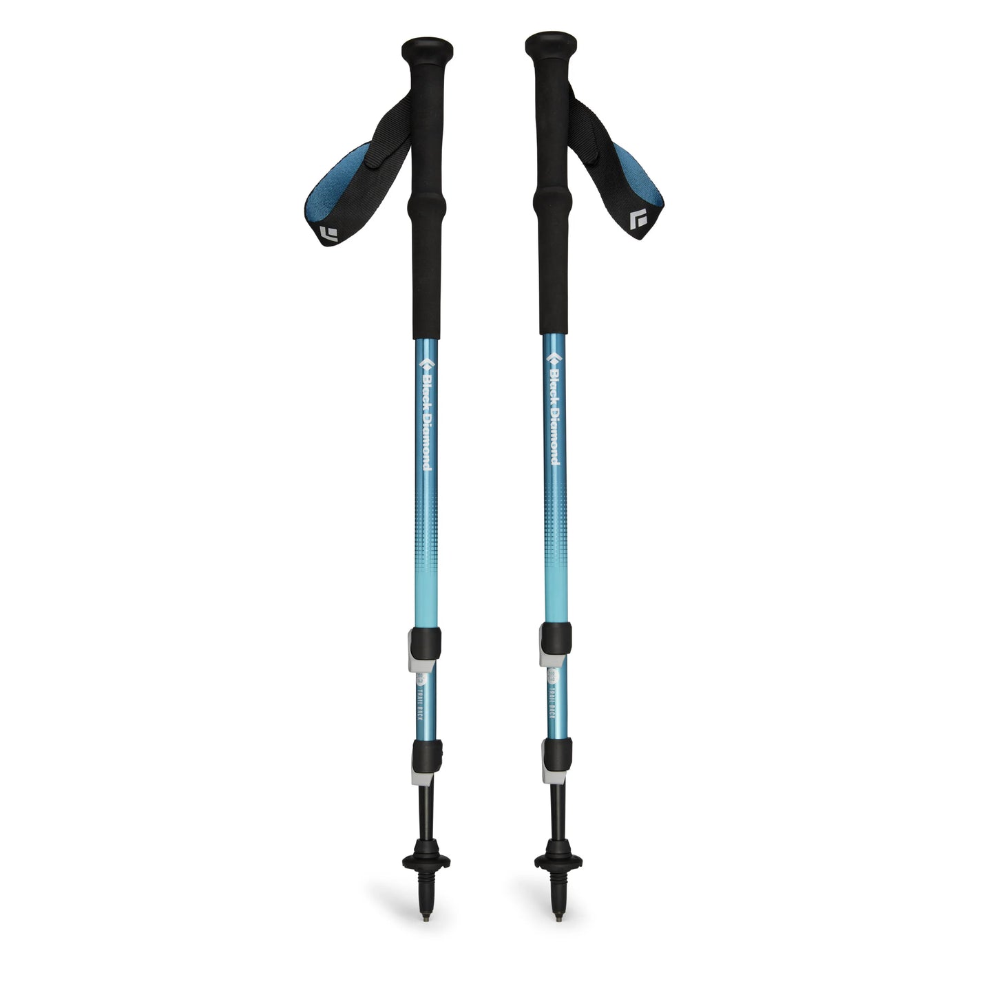 Pair of blue and black hiking poles on a white background