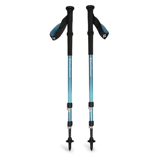 Pair of blue and black hiking poles on a white background