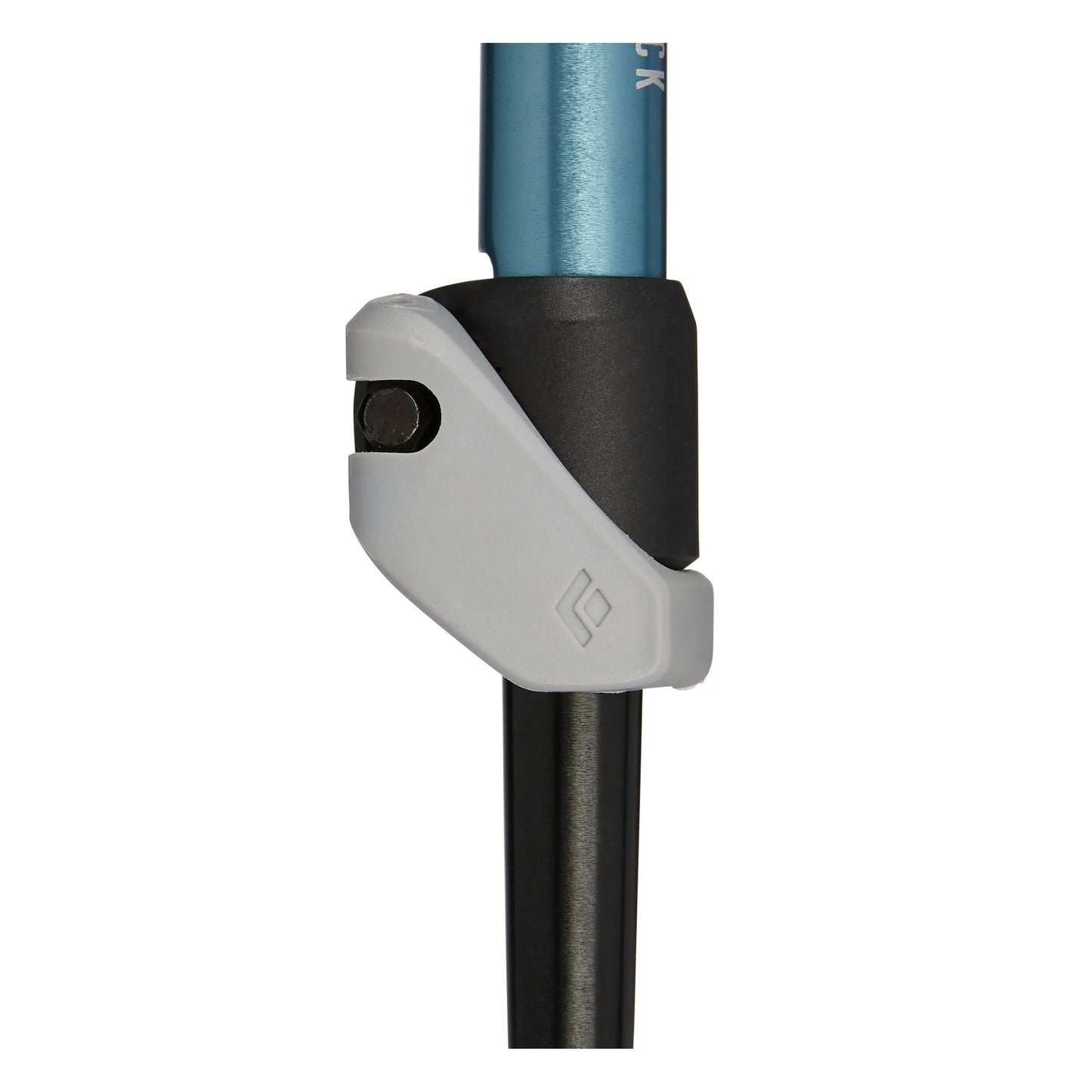 Close-up of a hiking pole with a black and gray grip on a white background