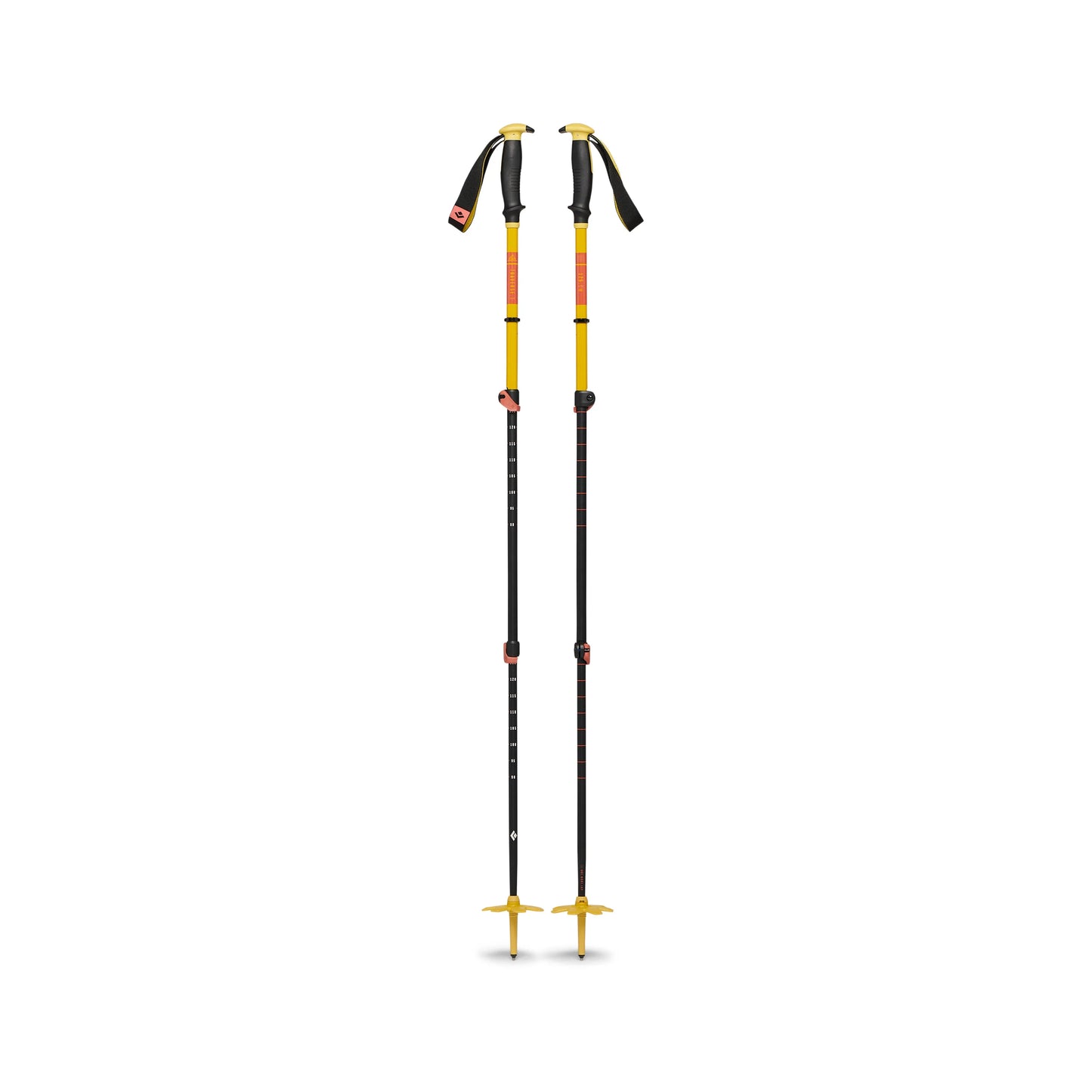 Pair of black and yellow hiking poles on a white background